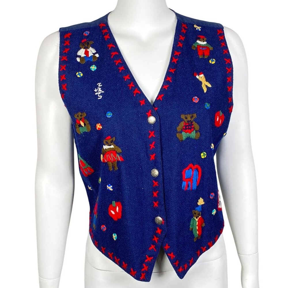 Vintage Erika Classics Wool Blend Vest Size M Embroidered Bears Apples Button Up
